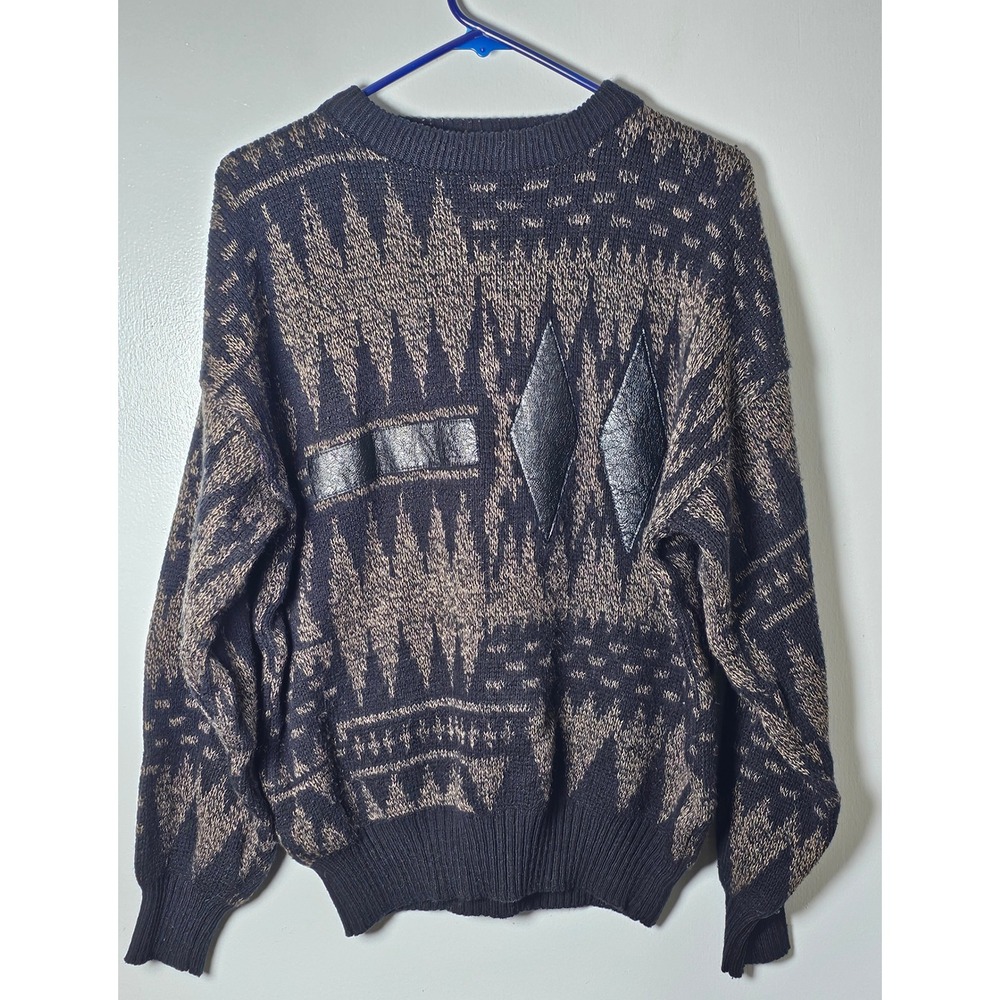 Barnaby Vintage Mens XL Black Tan Geometric Knit Sweater Leather Patches 80s 90s